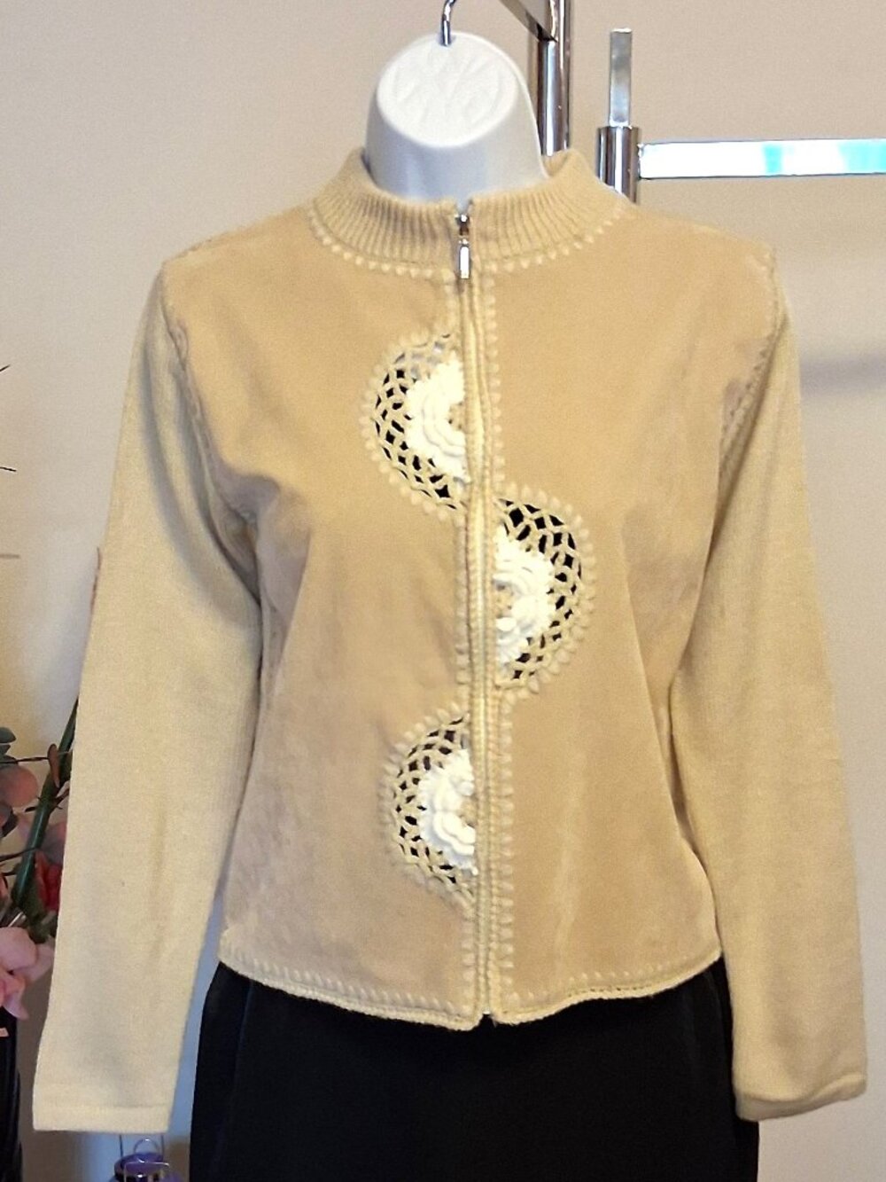 Quality Structured Knit Zip-Up Cardigan Beige Sweater Women S Office Fall Winter